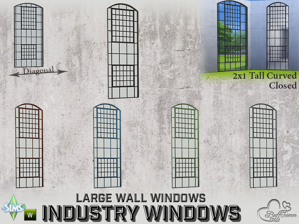 Sims 4 — Industry Windows Large Wall 2x1 Tall Curved Close by BuffSumm — Part of the *Build Industry Set* Created by