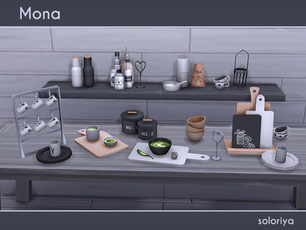 Sims 4 — Mona by soloriya — Monochromatic set with wooden elements. Includes 13 decorative objects. Each object can be
