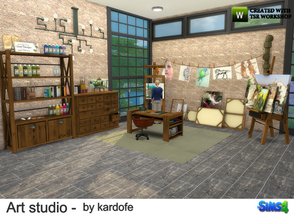 Sims 4 — kardofe_Art studio by kardofe — Art studio, with easel, bookcase, dresser, desk, sketches hanging on a rope,