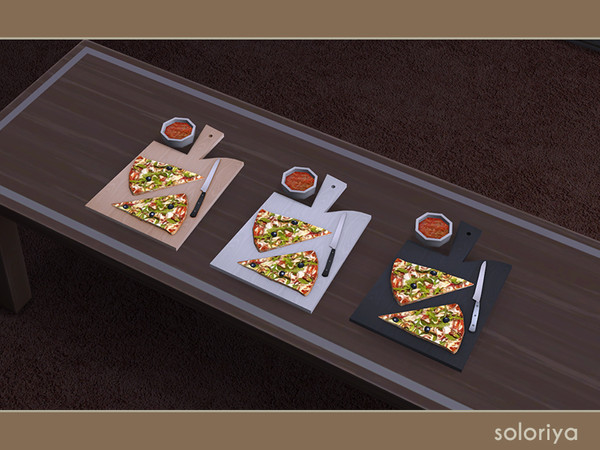 Sims 4 — Snack Time Pizza with a Sauce by soloriya — Pizza with a sauce and a knife on a cutting board. Part of Snack