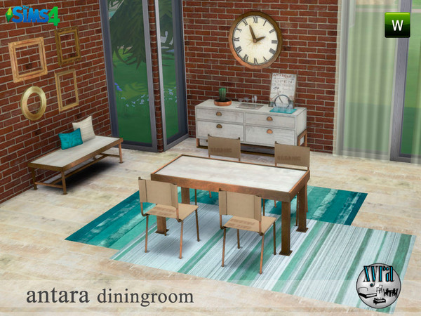 Sims 4 — Antara dining room set by xyra332 — The Antara dining set, contains: table, chair, side table, bench, decorative