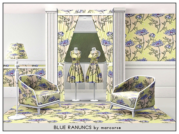 Sims 3 — Blue Ranuncs_marcorse by marcorse — Fabric pattern blue ranuncluas on a pastel field.