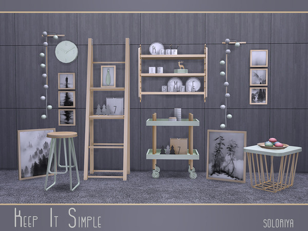 Sims 4 — Keep It Simple by soloriya — The set includes 17 objects. Has white, black, green and light brown colors. Items
