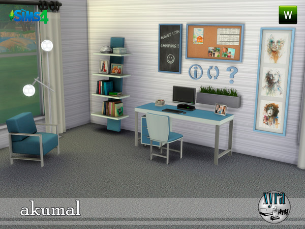 Sims 4 — Akumal study set by xyra332 — Study set, consisting of desk, chair, seat, bookshelves, floor lamp, wall panel