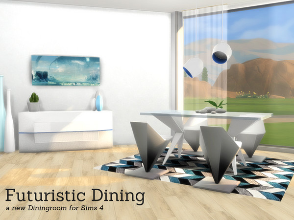 Sims 4 — Futuristic Dining  by Angela — Futuristic Dining Room. Very Modern, white, blue and Chrome diningroom for the
