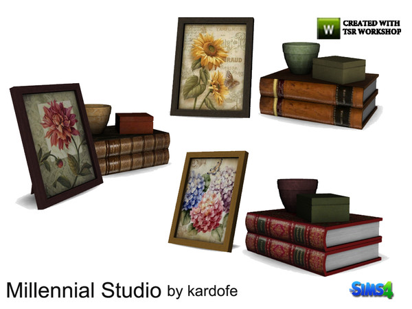 Sims 4 — kardofe_Millennial Studio_Books by kardofe — Decorative group formed by some old books, a box, a pot and a photo