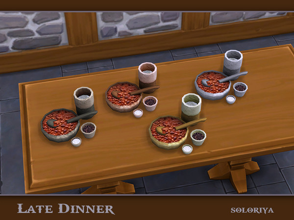 Sims 4 — Late Dinner Tableware by soloriya — A plate with beans, cup and two tiny bowls. Part of Late Dinner set. 4 color