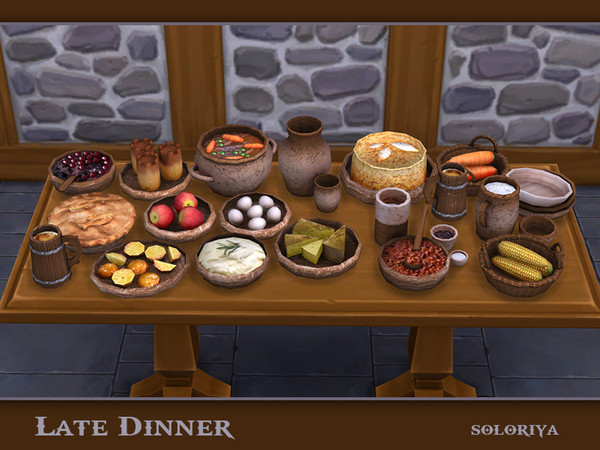 Sims 4 — Late Dinner by soloriya — Delicious objects for your medieval or rustic kitchen or dining room. 4 color