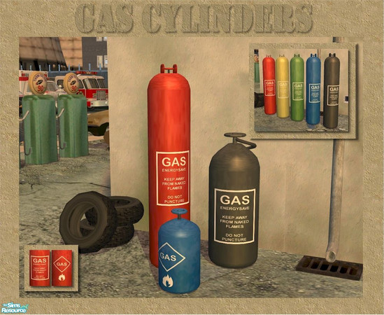 Sims 2 — Gas Cylinders by Cyclonesue — Three decorative gas cylinder bottles for your lots. In five colours and two