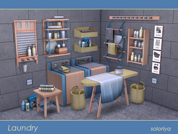 Sims 4 — Laundry by soloriya — Laundry set. Includes 18 objects, has 3 color variations. Items in the set: --decorative