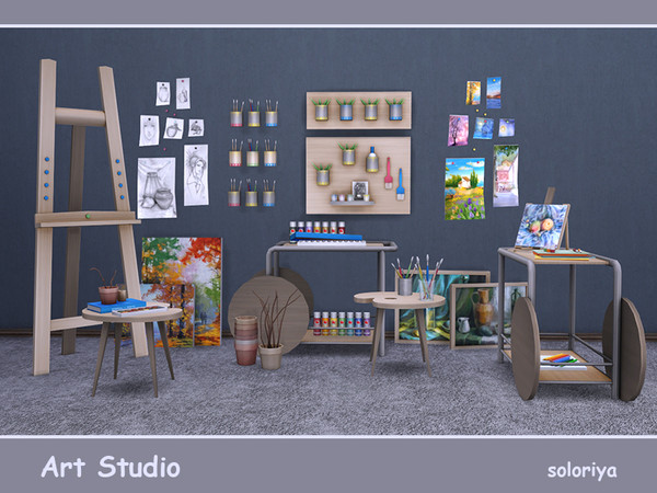 Sims 4 — Art Studio by soloriya — Art studio set. Includes 19 objects, has 3 color variations. Items in the set: --3 wall