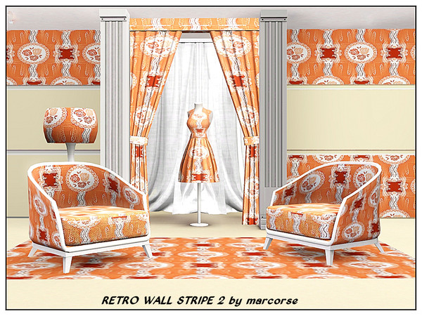 Sims 3 — Retro Wall Stripe 2_marcorse by marcorse — Fabric pattern: orange and brown flower cameo and style elements in a