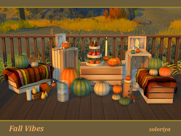 Sims 4 — Fall Vibes by soloriya — Fall Vibes set will give you autumn mood. The set has 4 color variations and 14 items.