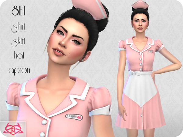 Sims 4 — Waitress SET (original mesh) by Colores_Urbanos — This set contains a shirt, skirt, hat and apron. 30 colors