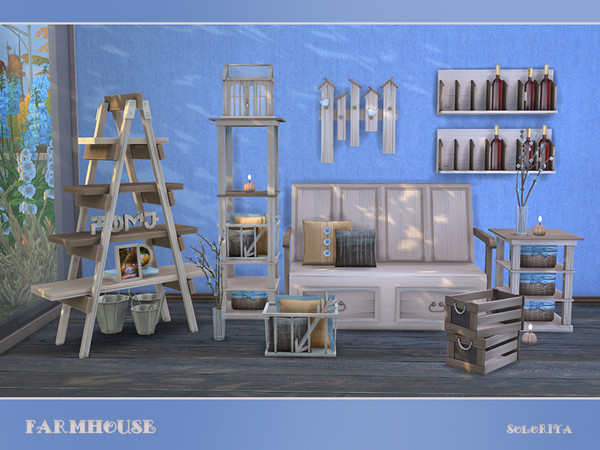 Sims 4 — Farmhouse by soloriya — Modern farmhouse set. Has 14 objects and 3 color variations. Items in the set: