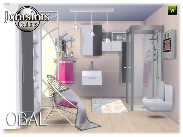 Sims 4 — Obal bathroom by jomsims — new bathroom Obal. 14 new items. sink, shower. ceiling light. rug. dresser. vase ball