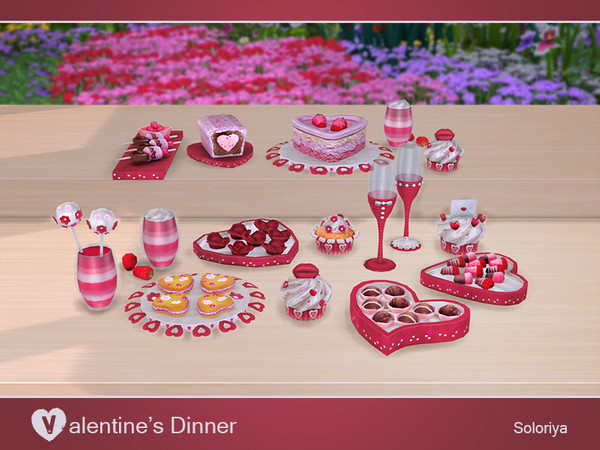 Sims 4 — Valentine's Dinner by soloriya — Romantic delicious set for your virtual couples. Includes 14 objects. 3 color