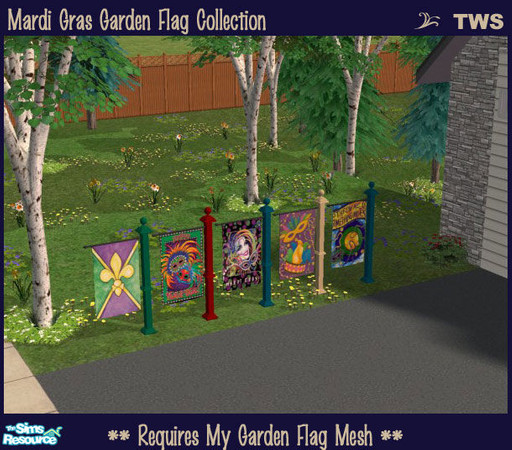 Sims 2 — Mardi Gras Garden Flag Collection by wildstar24 — A set of 5 Mardi Gras-themed flags to use with my colonial