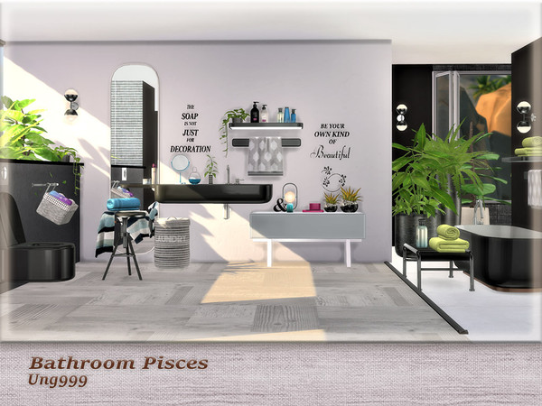 Sims 4 — Bathroom Pisces by ung999 — Items in this set: Bathtub Sink Toilet Sideboard Side Table Wall Mirror Table Lamp