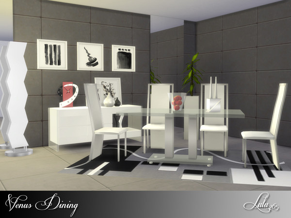 Sims 4 — Venus Dining by Lulu265 — A modern Dining in glass, chrome and plastic., 3 colour options included . Modern