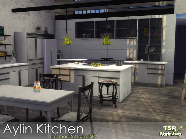Sims 4 — Aylin Kitchen by sim_man123 — A bright, modern kitchen. Dark metal accents contrast whitewashed wood and