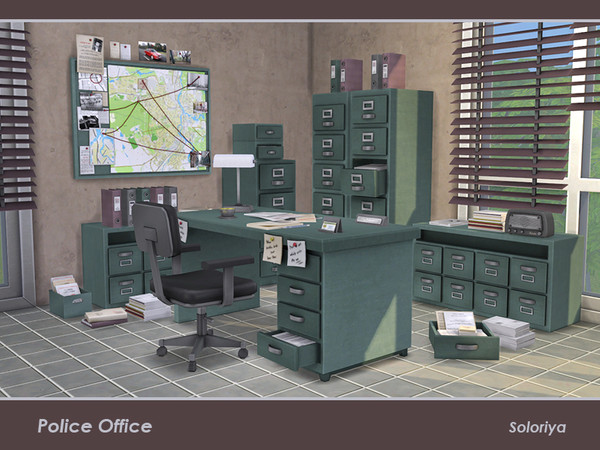 Sims 4 — Police Office by soloriya — Create your own police office with this set. Includes 12 objects, has 3 color