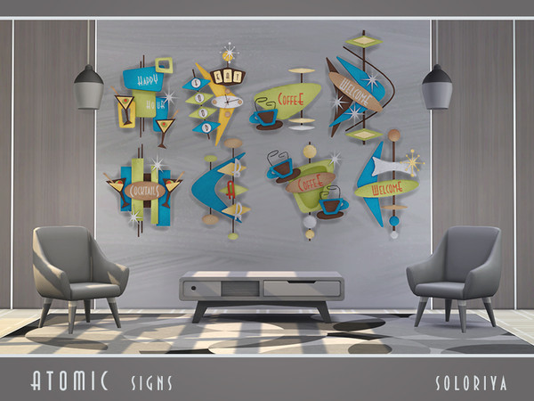Sims 4 — Atomic Signs by soloriya — Atomic wall signs for your bars, restaurants and others. Includes 9 objects. Has 2