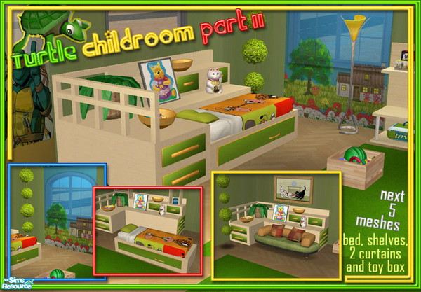 Sims 2 — S2S Turtle Childroom Part II - Meshes by sims2sisters — Single Bed, 2-tile Curtain, 1-tile Curtain, Shelves, Toy