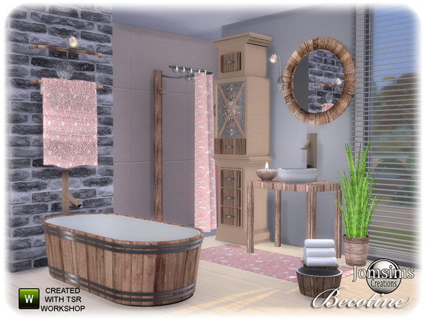Sims 4 — Becotine bathroom by jomsims — Becotine bathroom Collection.typically wood likes a cabine chic. shower. bathtub.