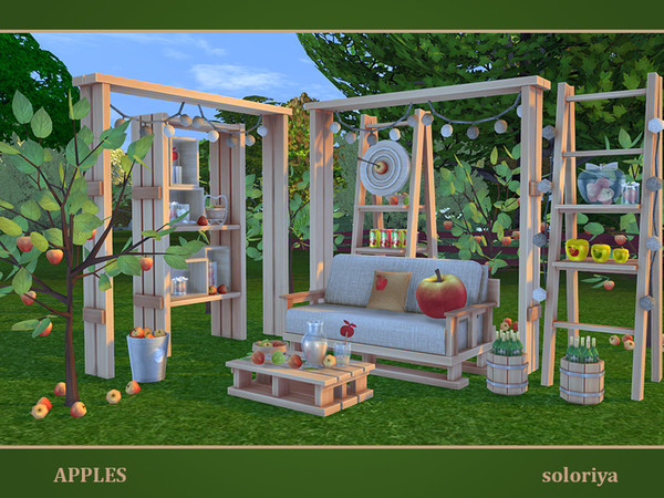 Sims 4 — Apples by soloriya — All about apples, outdoor set. Includes 12 objects, has 3 color palletes. Items in the set: