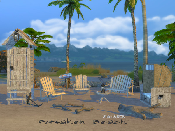 Sims 4 — Beach by ShinoKCR — Furniture left back on an empty Beach -Beach Hut -Beach Chair -Chair -Loveseat -Table