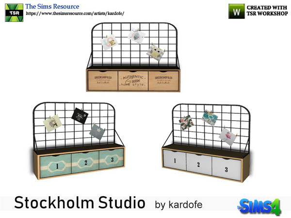 Sims 4 — kardofe_Stockholm Studio_shelf by kardofe — Wall shelf, with a metal grid back, to put notes and three drawers,