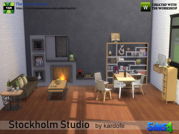 Sims 4 — kardofe_Stockholm Studio by kardofe — Set of furniture to decorate a study with relaxation area, with fireplace