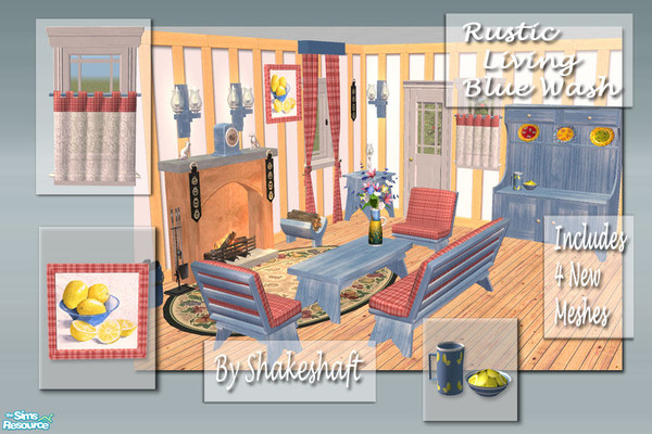 Sims 2 — Rustic Living: Blue Wash by Shakeshaft — A recolour set of my Rustic Living set in Blue Wash Wood and Red