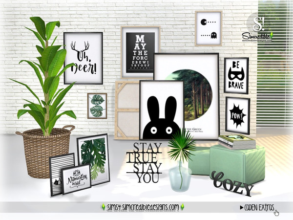 Sims 4 — Caden extras by SIMcredible! — A set with several decor items for your sims. Paintings, frames, plants,