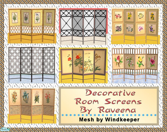 Sims 2 — Decorative Room Screens by Raveena — An assortment of decorative room screens. You will need Windkeeper's mesh