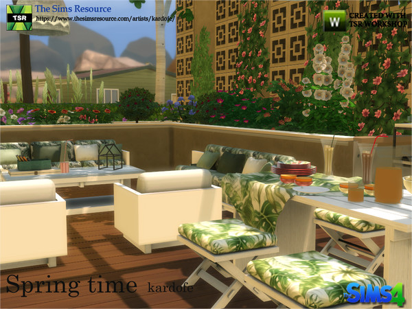 Sims 4 — kardofe_Spring time by kardofe — Set of garden, with sofa, armchairs, table and stools, swing with cushions and