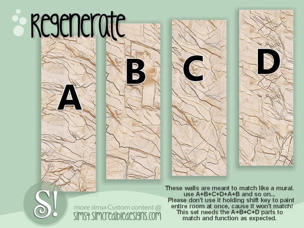 Sims 4 — Regenerate Fissure walls by SIMcredible! — These walls are meant to match like a mural. use A+B+C+D+A+B and so