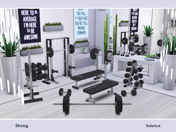 Sims 4 — Strong by soloriya — Decorative and functional supplies for your gyms. Includes 11 objects, has 1 color palette.