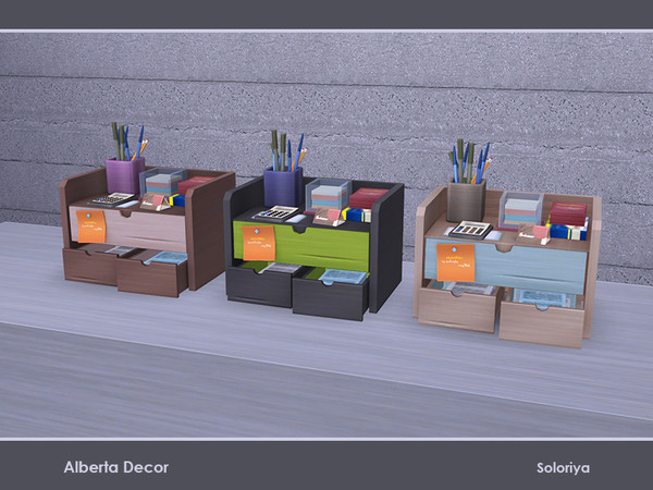 Sims 4 — Alberta Decor. Desk Organizer, v1 by soloriya — Wooden decorative desk organizer with office accessories. Part