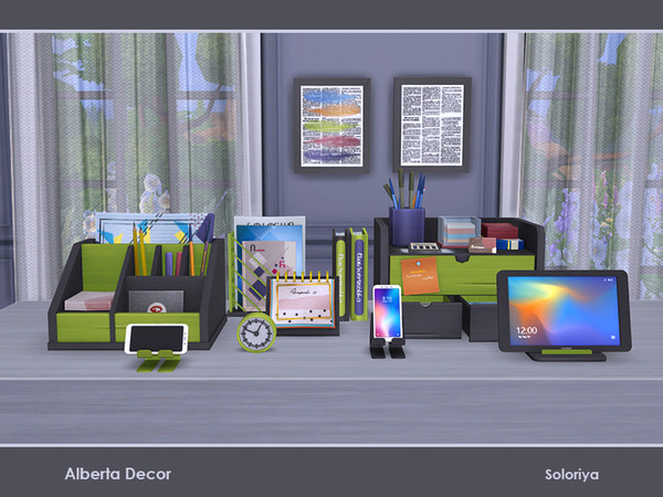 Sims 4 — Alberta Decor by soloriya — Decorative set for your office rooms. Includes 10 objects, 3 color palettes. Items