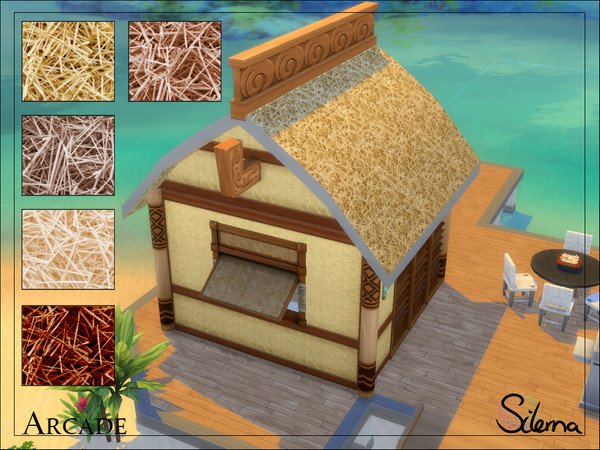 Sims 4 — Arcade by Silerna — Straw roofs in 5 different colors for beach houses or other suitable lots. 