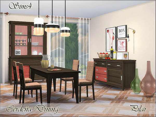 Sims 4 — Cerdena Dining by Pilar — walnut wood with a touch of coral.