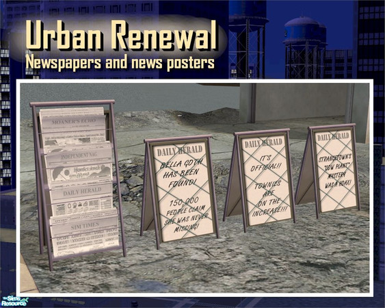 Sims 2 — Newspaper Stand and Posters by Cyclonesue — Another Urban Renewal set! A newspaper stand and matching