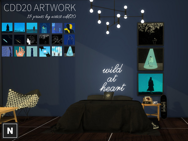 Sims 4 — netsims - cdd20 art by networksims — 3 framed canvases with six swatches each of various art by cdd20. Uses a