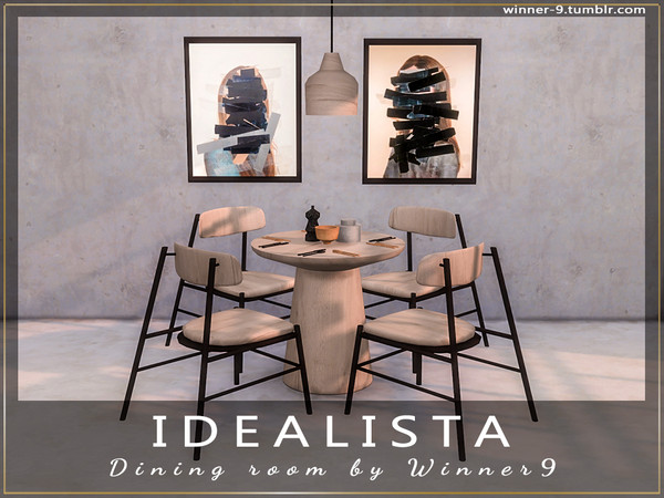 Sims 4 — Idealista Dining Room by Winner9 — Aesthetic dining room. This set contains: 1) Chair 2) Round table 3) Table