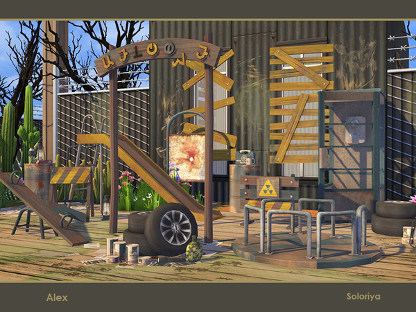 Sims 4 — Alex by soloriya — A set of furniture for your apocalyptic gameplay. Includes 13 objects, has 3 color palettes.