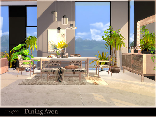 Sims 4 — Dining Avon by ung999 — A modern Dining Room set includes 10 following objects: Bench Throw Blanket for Bench