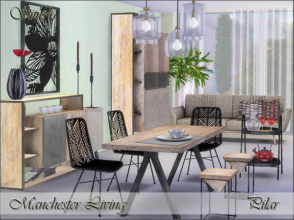 Sims 4 — Manchester Dining by Pilar — Industrial style, mango wood, steel and fiber cement