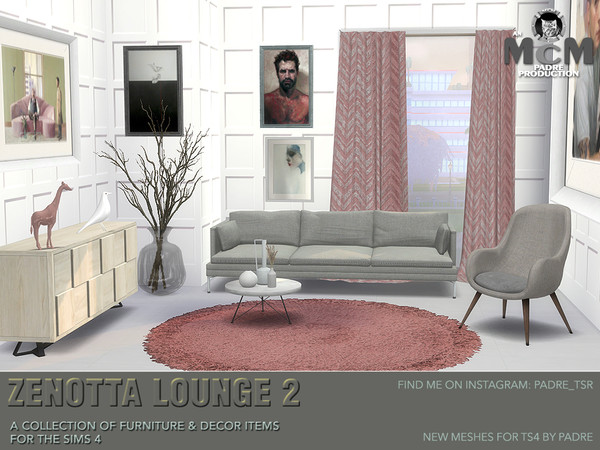 Sims 4 — Zenotta Lounge 2 by Padre — Contemporary and cool, this set of stylish furniture and decor items in linens,